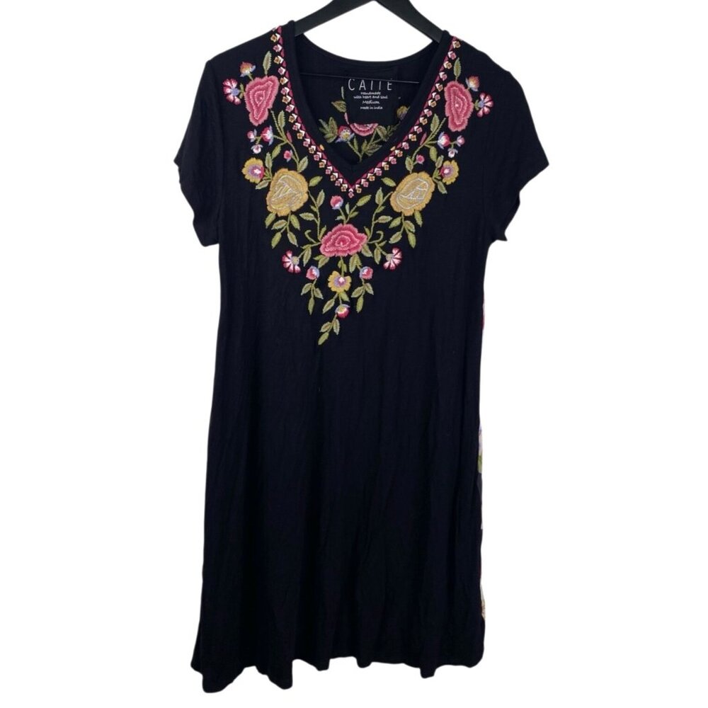 Caite Dress Women's Black Sz M Embroidered Floral Short Sleeves Boho Bloomcore